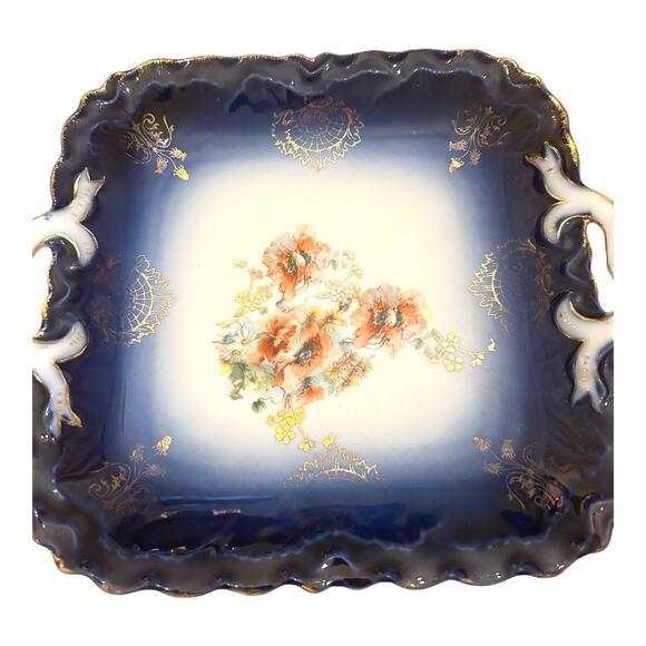 Vintage PM Bavaria Handled Square Cobalt Plate Floral Center Design Gorgeous - Picture 2 of 5